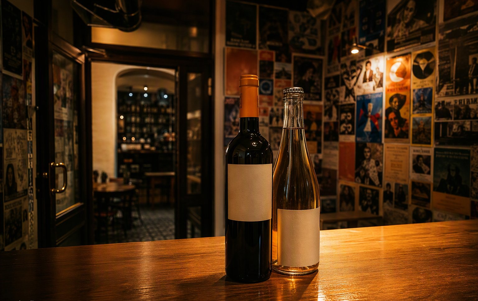 L'angolo dei vini con le bottiglie e le locandine alle pareti